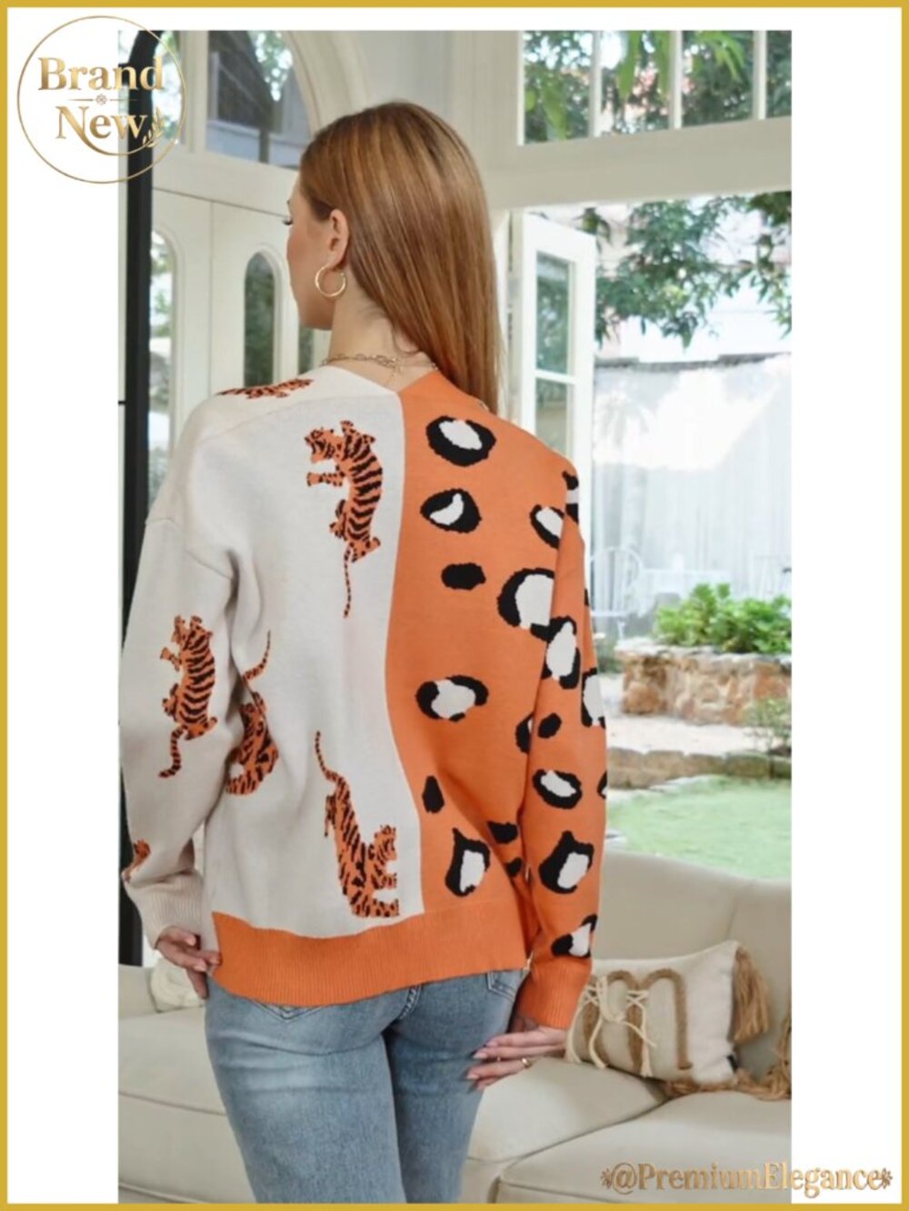 Women's Leopard Tiger Print Cardigan V-Neck Long Sleeve Button Down Loose Fit - Picture 6 of 6